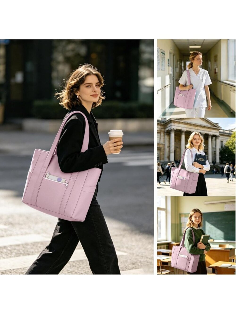 Women Pink Lightweight Nylon Tote Zipper Laptop Work Nurse Bag - Picture 2 of 6